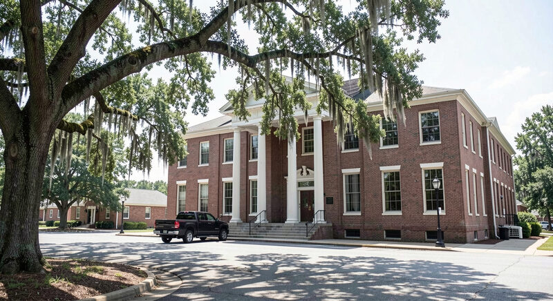 A quiet county courthouse square in Mississippi at midday, a low brick building with tall windows and a Confederate-free plain portico, live oaks and a parked pickup.