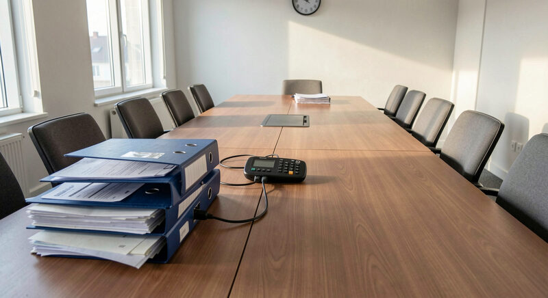 A conference room with a long table, stacked document binders and a digital recorder in the centre, empty chairs, flat afternoon light.