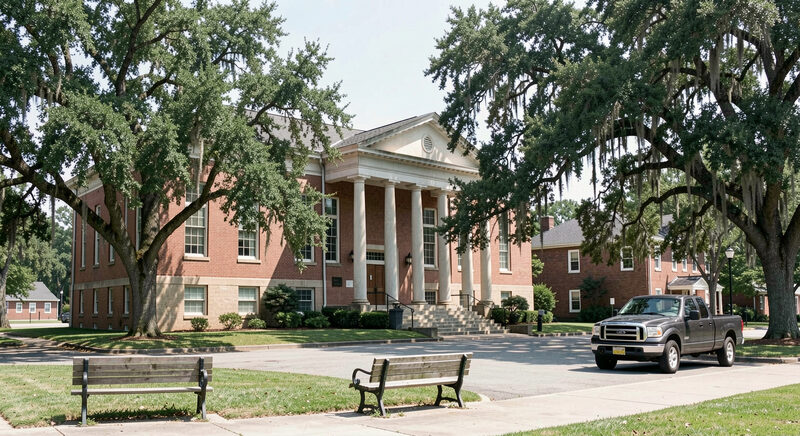 A quiet Mississippi county courthouse square at midday with a brick courthouse, live oaks, benches and a parked pickup