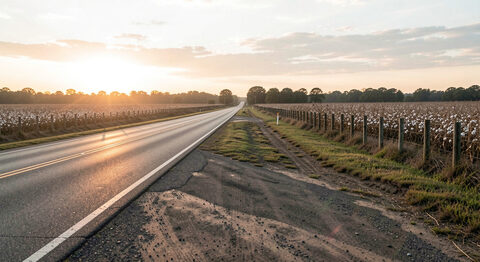 A two-lane Mississippi highway at dawn seen from the shoulder with a wooden fence and cotton fields beyond