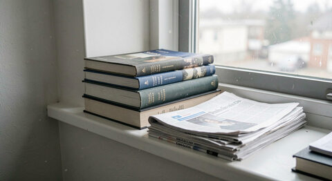 A stack of thick reference books and a folded newspaper on a windowsill in a small plain office