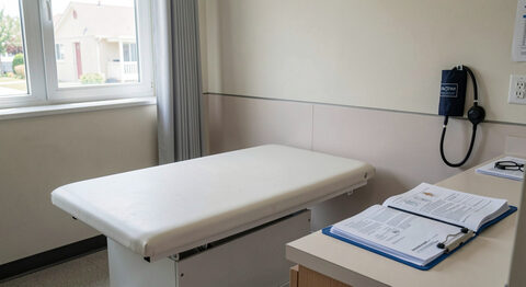 A clinic examination room with an empty examination table, a blood pressure cuff on the wall and a closed medical chart on the counter.