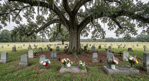A small family plot in a rural Mississippi cemetery under a live oak, simple headstones and fresh flowers, overcast light.